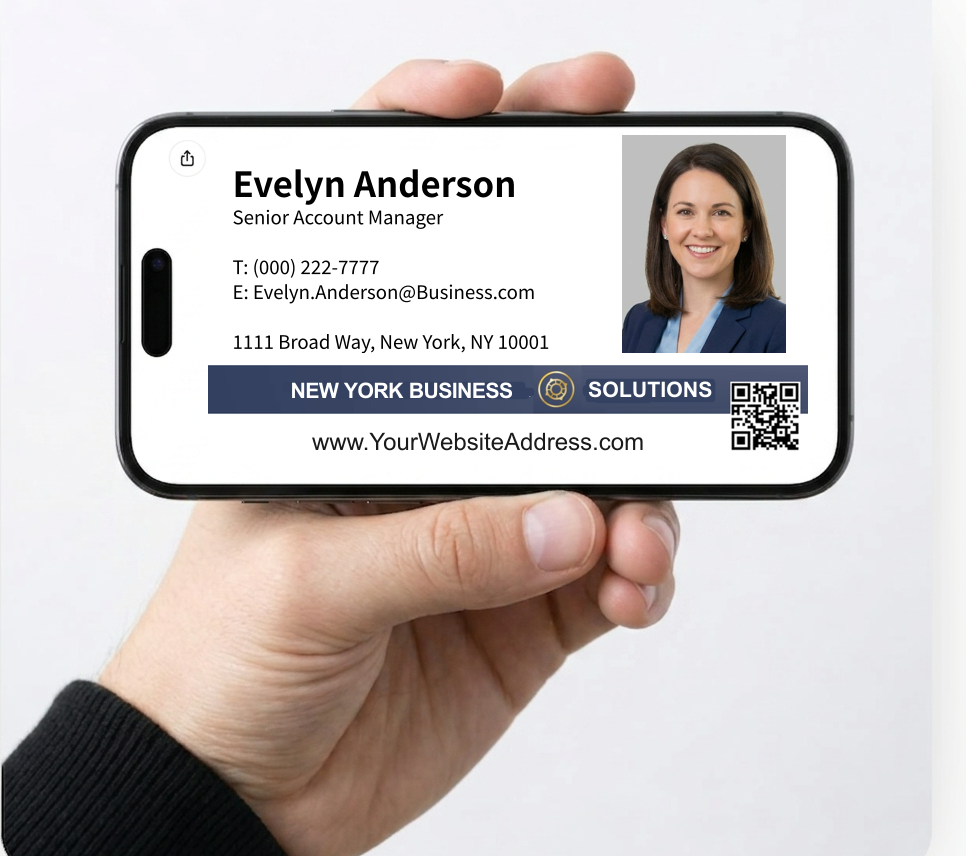 A hand holding a phone displaying a digital business card
